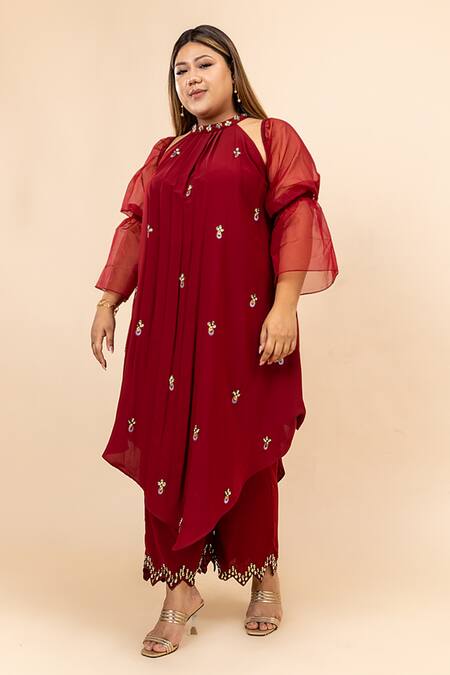 Mamicha_Maroon Mohair Sequins, Embroidery Halter Neck Husna Hand Tunic Trouser Set_at_Aza_Fashions