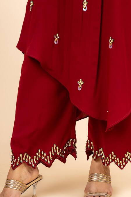 Buy_Mamicha_Maroon Mohair Sequins, Embroidery Halter Neck Husna Hand Tunic Trouser Set