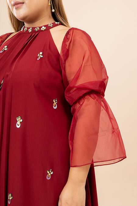 Shop_Mamicha_Maroon Mohair Sequins, Embroidery Halter Neck Husna Hand Tunic Trouser Set