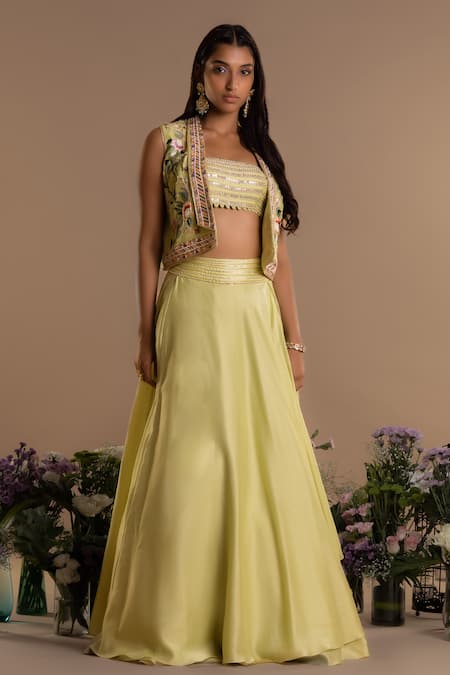Shop_Mukta Sabharwal_Green Chanderi Silk, Organza Sequins, Bloom Embellished Jacket Lehenga Set _at_Aza_Fashions