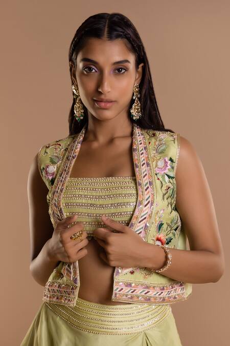 Mukta Sabharwal_Green Chanderi Silk, Organza Sequins, Bloom Embellished Jacket Lehenga Set _Online_at_Aza_Fashions