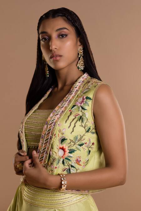 Buy_Mukta Sabharwal_Green Chanderi Silk, Organza Sequins, Bloom Embellished Jacket Lehenga Set _Online_at_Aza_Fashions