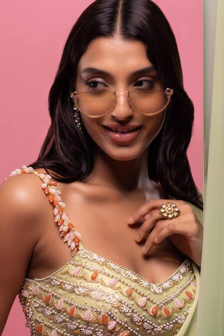 Buy_Mukta Sabharwal_Green Georgette, Organza Pearls, Sequins, Beads, Embroidery Sweetheart Saree Set _Online_at_Aza_Fashions