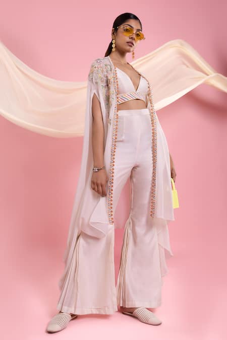 Shop_Mukta Sabharwal_Ivory Chanderi Silk Embroidery V-neck Blossom Embellished Cape Flared Pant Set _at_Aza_Fashions