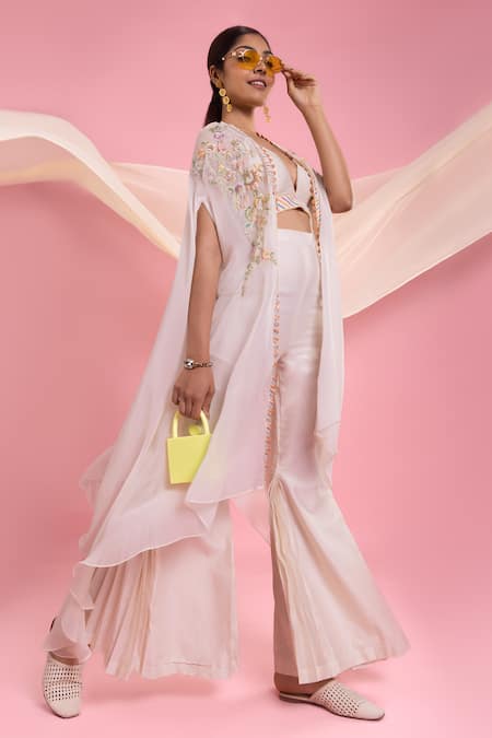 Buy_Mukta Sabharwal_Ivory Chanderi Silk Embroidery V-neck Blossom Embellished Cape Flared Pant Set _Online_at_Aza_Fashions