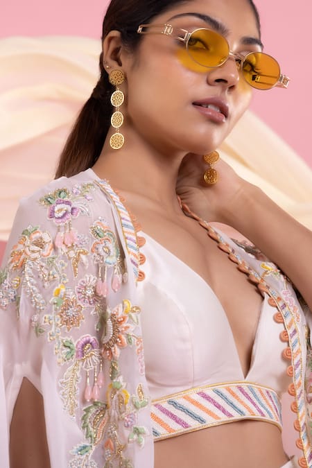 Shop_Mukta Sabharwal_Ivory Chanderi Silk Embroidery V-neck Blossom Embellished Cape Flared Pant Set _Online_at_Aza_Fashions