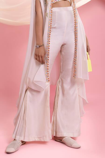 Mukta Sabharwal_Ivory Chanderi Silk Embroidery V-neck Blossom Embellished Cape Flared Pant Set _at_Aza_Fashions
