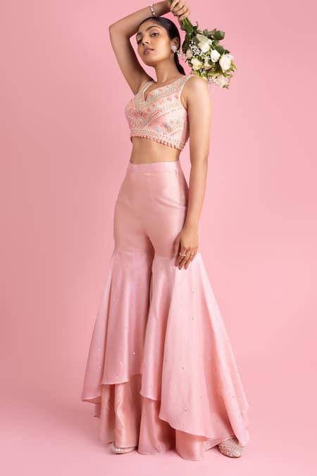 Shop Mukta Sabharwal Pink , Chanderi Pearls, Embroidery Floral Garden Cape Sharara Set at Aza Fashions Shop_Mukta Sabharwal_Pink , Chanderi Pearls, Embroidery Floral Garden Cape Sharara Set _at_Aza_Fashions