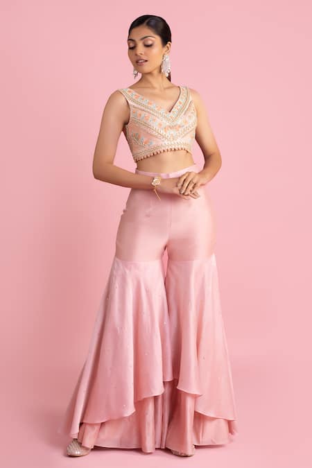 Mukta Sabharwal Pink , Chanderi Pearls, Embroidery Floral Garden Cape Sharara Set Online at Aza Fashions Mukta Sabharwal_Pink , Chanderi Pearls, Embroidery Floral Garden Cape Sharara Set _Online_at_Aza_Fashions