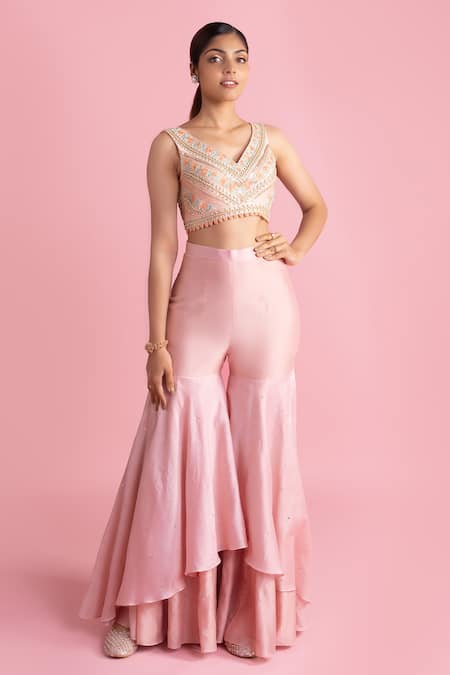 Buy Mukta Sabharwal Pink , Chanderi Pearls, Embroidery Floral Garden Cape Sharara Set Online at Aza Fashions Buy_Mukta Sabharwal_Pink , Chanderi Pearls, Embroidery Floral Garden Cape Sharara Set _Online_at_Aza_Fashions