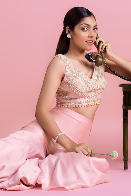 Shop Mukta Sabharwal Pink , Chanderi Pearls, Embroidery Floral Garden Cape Sharara Set Online at Aza Fashions Shop_Mukta Sabharwal_Pink , Chanderi Pearls, Embroidery Floral Garden Cape Sharara Set _Online_at_Aza_Fashions