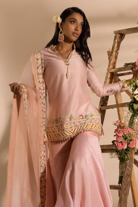 Shop_Mukta Sabharwal_Pink Chanderi Silk, Organza Pearls, Flora Garden Embellished Kurta Sharara Set _at_Aza_Fashions