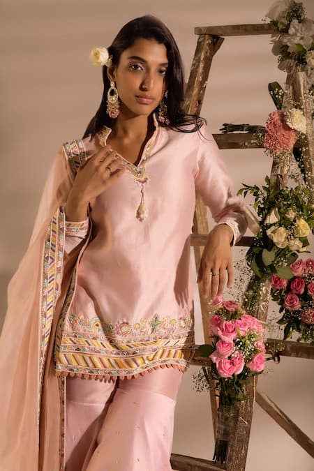 Mukta Sabharwal_Pink Chanderi Silk, Organza Pearls, Flora Garden Embellished Kurta Sharara Set _Online_at_Aza_Fashions