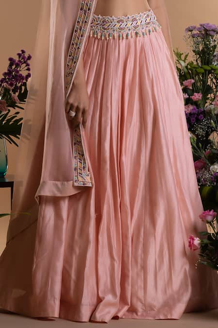 Mukta Sabharwal_Pink Organza, Chanderi Silk Petunia Garden Embroidered Blouse Lehenga Set _Online_at_Aza_Fashions