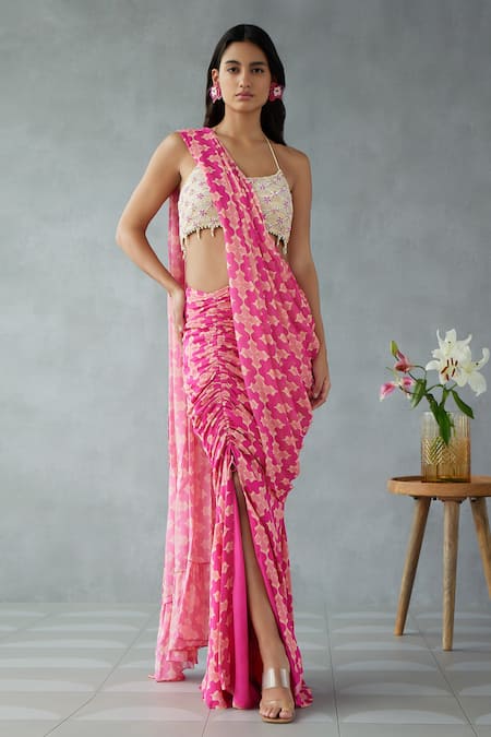 Zamoraa The Label Geometric Flora Print Pre-Draped Saree With Blouse 