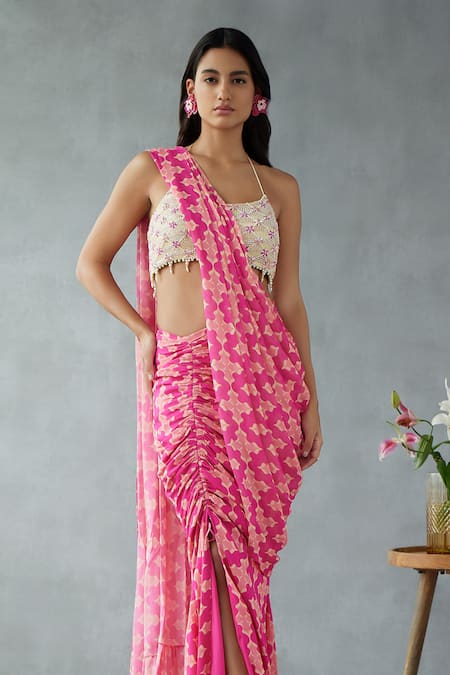 Shop Mukta Sabharwal Pink Georgette, Tulle Pearls Geometric Flora Print Pre-draped Saree With Blouse at Aza Fashions Shop_Mukta Sabharwal_Pink Georgette, Tulle Pearls Geometric Flora Print Pre-draped Saree With Blouse _at_Aza_Fashions