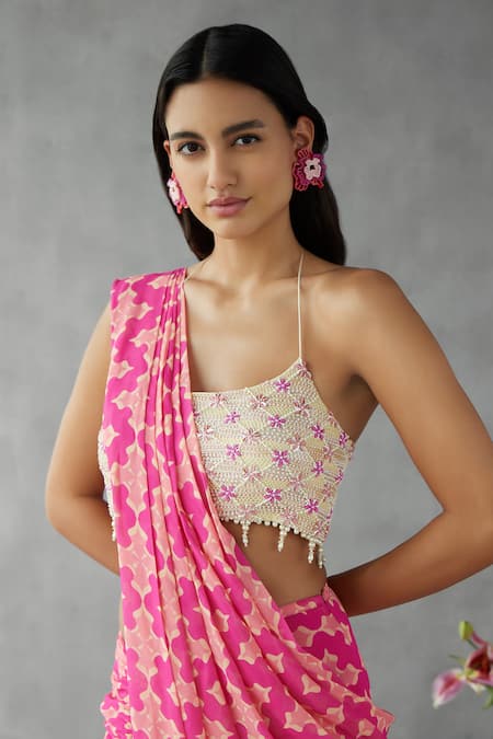 Mukta Sabharwal Pink Georgette, Tulle Pearls Geometric Flora Print Pre-draped Saree With Blouse Online at Aza Fashions Mukta Sabharwal_Pink Georgette, Tulle Pearls Geometric Flora Print Pre-draped Saree With Blouse _Online_at_Aza_Fashions