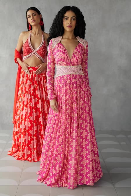 Shop_Mukta Sabharwal_Pink Georgette V-neck Geometric Blossom Print Maxi Gown _at_Aza_Fashions