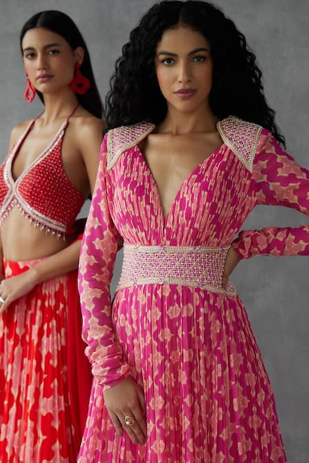 Mukta Sabharwal_Pink Georgette V-neck Geometric Blossom Print Maxi Gown _Online_at_Aza_Fashions