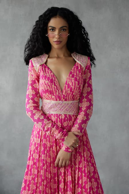 Buy_Mukta Sabharwal_Pink Georgette V-neck Geometric Blossom Print Maxi Gown _Online_at_Aza_Fashions