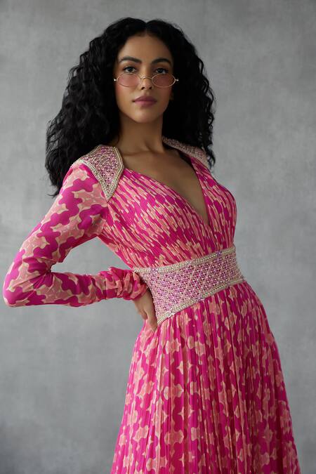 Shop_Mukta Sabharwal_Pink Georgette V-neck Geometric Blossom Print Maxi Gown _Online_at_Aza_Fashions