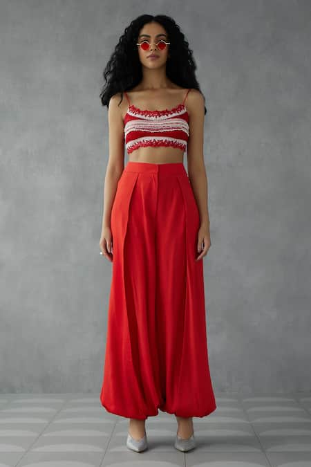 Shop_Mukta Sabharwal_Red Tulle, Georgette Pearls Scoop Graphic Floral Print Jacket Balloon Pant Set _at_Aza_Fashions