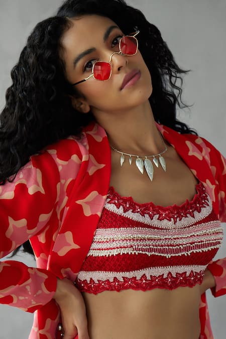 Buy_Mukta Sabharwal_Red Tulle, Georgette Pearls Scoop Graphic Floral Print Jacket Balloon Pant Set _Online_at_Aza_Fashions