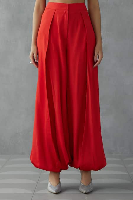 Shop_Mukta Sabharwal_Red Tulle, Georgette Pearls Scoop Graphic Floral Print Jacket Balloon Pant Set _Online_at_Aza_Fashions