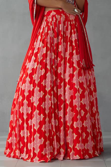 Mukta Sabharwal Red Tulle, Georgette Pearls, Beads, Floral Graphic Print Lehenga Blouse Set Online at Aza Fashions Mukta Sabharwal_Red Tulle, Georgette Pearls, Beads, Floral Graphic Print Lehenga Blouse Set _Online_at_Aza_Fashions