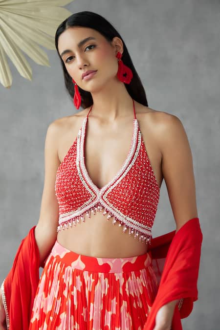 Buy Mukta Sabharwal Red Tulle, Georgette Pearls, Beads, Floral Graphic Print Lehenga Blouse Set Online at Aza Fashions Buy_Mukta Sabharwal_Red Tulle, Georgette Pearls, Beads, Floral Graphic Print Lehenga Blouse Set _Online_at_Aza_Fashions