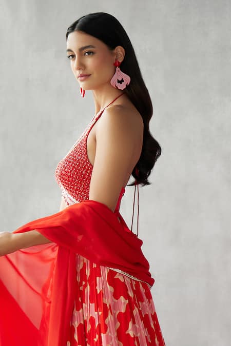 Buy Mukta Sabharwal Red Tulle, Georgette Pearls, Beads, Floral Graphic Print Lehenga Blouse Set Buy_Mukta Sabharwal_Red Tulle, Georgette Pearls, Beads, Floral Graphic Print Lehenga Blouse Set