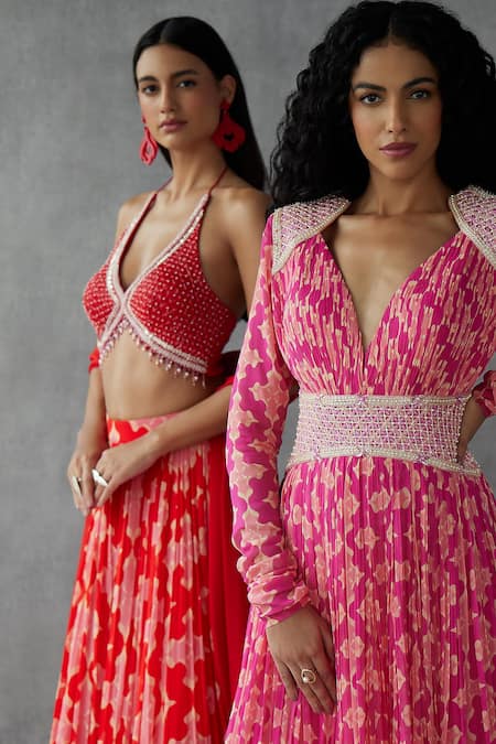 Shop Mukta Sabharwal Red Tulle, Georgette Pearls, Beads, Floral Graphic Print Lehenga Blouse Set Shop_Mukta Sabharwal_Red Tulle, Georgette Pearls, Beads, Floral Graphic Print Lehenga Blouse Set