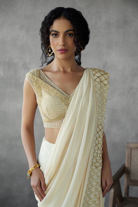 Mukta Sabharwal_Cream Georgette, Crepe, Tulle Pearls, Border Embellished Saree With Blouse _Online_at_Aza_Fashions