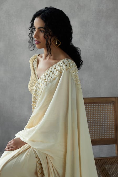 Buy_Mukta Sabharwal_Cream Georgette, Crepe, Tulle Pearls, Border Embellished Saree With Blouse _Online_at_Aza_Fashions