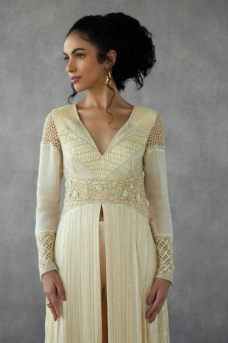 Shop_Mukta Sabharwal_Cream Georgette, Crepe Pearls, Roseate Jaal Embroidered Kurta With Flared Pant _at_Aza_Fashions