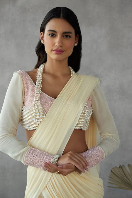 Mukta Sabharwal_Cream Tulle, Georgette Pearls V-neck Pre-draped Saree With Tassel Blouse _Online_at_Aza_Fashions