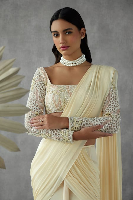 Mukta Sabharwal_Cream Georgette, Crepe, Tulle Plain Pre-draped Saree With Embroidered Blouse _Online_at_Aza_Fashions