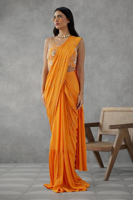 Shop_Mukta Sabharwal_Orange Tulle, Georgette Pearls, Embellished Pre-draped Saree With Corset Blouse _at_Aza_Fashions