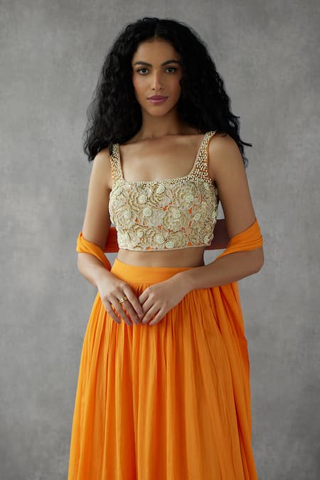 Shop_Mukta Sabharwal_Orange Tulle, Georgette Pearls, Embroidery Square Neck Nalki Blouse Lehenga Set _at_Aza_Fashions