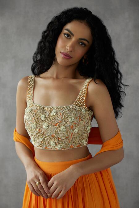 Mukta Sabharwal_Orange Tulle, Georgette Pearls, Embroidery Square Neck Nalki Blouse Lehenga Set _Online_at_Aza_Fashions