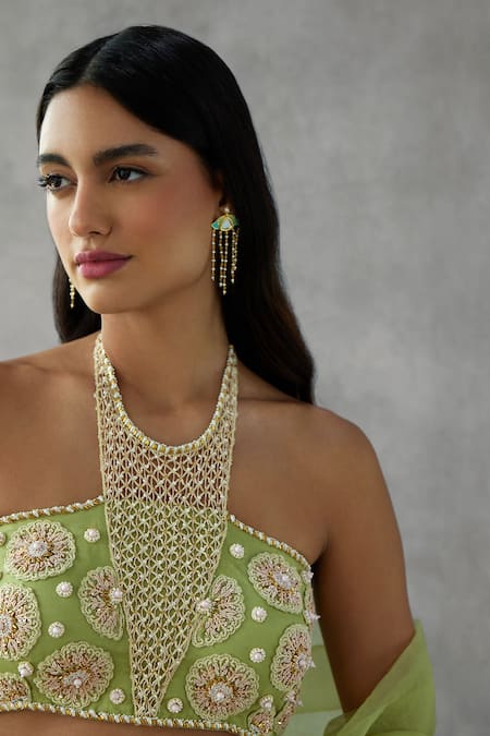 Mukta Sabharwal Green Organza, Georgette Embroidery, Pearls, Sequins, Beads Blouse Lehenga Set Online at Aza Fashions Mukta Sabharwal_Green Organza, Georgette Embroidery, Pearls, Sequins, Beads Blouse Lehenga Set _Online_at_Aza_Fashions