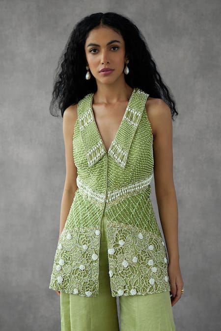 Shop_Mukta Sabharwal_Green Tulle, Tissue Pearls, Beads Rosa Jaal Embroidered Jacket With Pant _at_Aza_Fashions