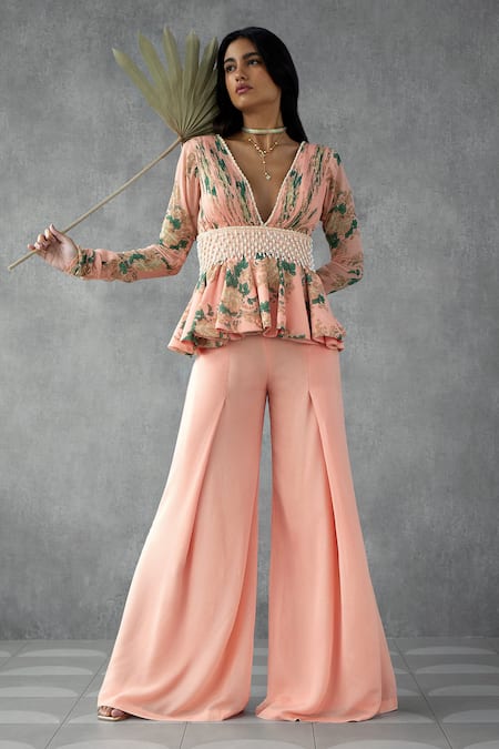 Shop_Mukta Sabharwal_Pink Georgette, Crepe Botanic Floral Print Embellished Peplum Tunic With Pant _at_Aza_Fashions