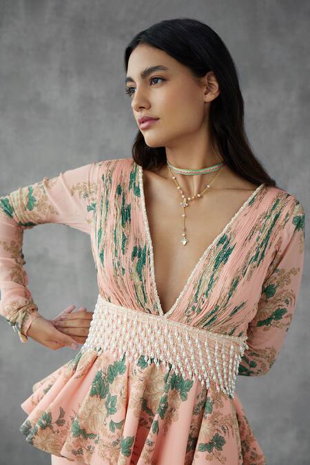 Mukta Sabharwal_Pink Georgette, Crepe Botanic Floral Print Embellished Peplum Tunic With Pant _Online_at_Aza_Fashions