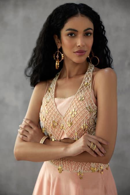 Shop Mukta Sabharwal Pink Chanderi Silk Rafflesia Bloom Embellished Waistcoat Blouse With Sharara at Aza Fashions Shop_Mukta Sabharwal_Pink Chanderi Silk Rafflesia Bloom Embellished Waistcoat Blouse With Sharara _at_Aza_Fashions