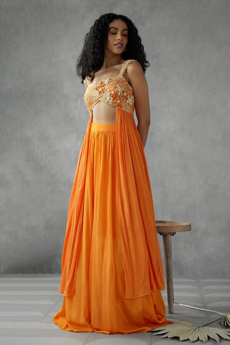 Shop_Mukta Sabharwal_Orange Georgette Embroidery, Lily Flora Applique Embellished Blouse With Sharara _at_Aza_Fashions