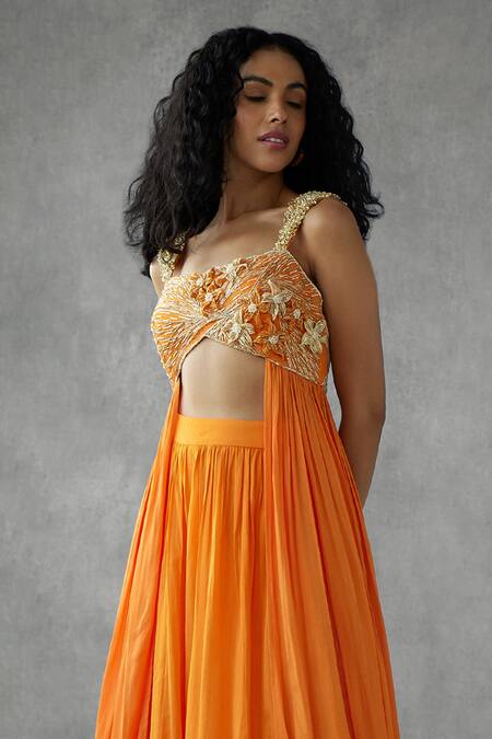 Buy_Mukta Sabharwal_Orange Georgette Embroidery, Lily Flora Applique Embellished Blouse With Sharara _Online_at_Aza_Fashions