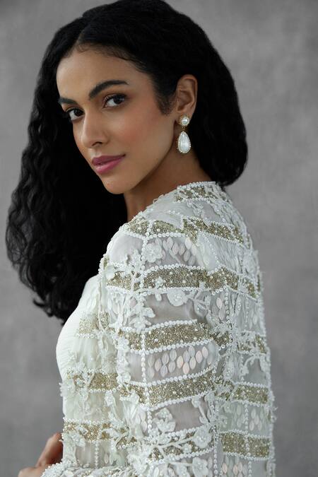 Mukta Sabharwal Ivory Georgette, Organza Embroidery, Sequins Flora Garden Jacket Sharara Set Online at Aza Fashions Mukta Sabharwal_Ivory Georgette, Organza Embroidery, Sequins Flora Garden Jacket Sharara Set _Online_at_Aza_Fashions
