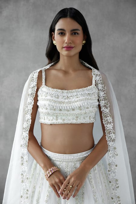 Shop_Mukta Sabharwal_Ivory Silk, Organza, Tulle Petunia Bloom Patch Embellished Bridal Lehenga Set _at_Aza_Fashions