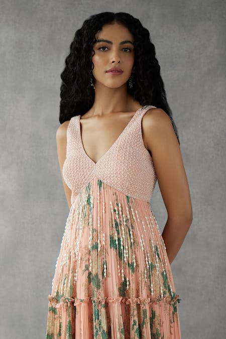 Mukta Sabharwal_Pink Georgette Pearls V-neck Botanic Bloom Print Embellished Maxi Gown _Online_at_Aza_Fashions